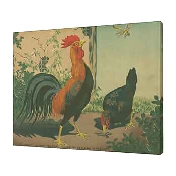 鶏の絵画 木製フレーム付き　アンティーク Amazon.co.jp: キャンバス絵画 小林清親 浮世絵 鶏の図 複製